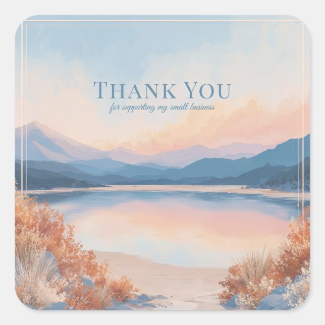 Elegant Peach Blue Mountain Lake Landscape Square Sticker (Front)