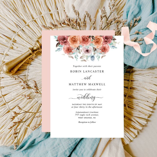 Elegant Peach, Blush and Blue Floral Wedding Invitation (Creator Uploaded)