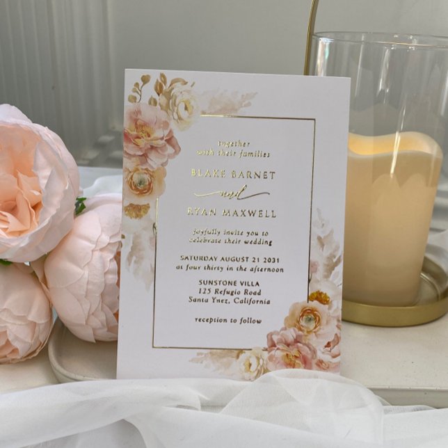 Elegant Peach, Blush and Champagne Floral Wedding Foil Invitation (Creator Uploaded)