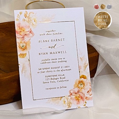 Elegant Peach Blush and Champagne Floral Wedding Foil Invitation