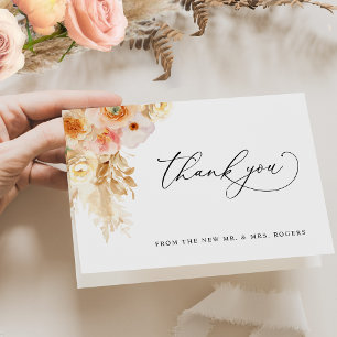 Elegant Peach Blush and Champagne Floral Wedding Letterpress Thank You Card