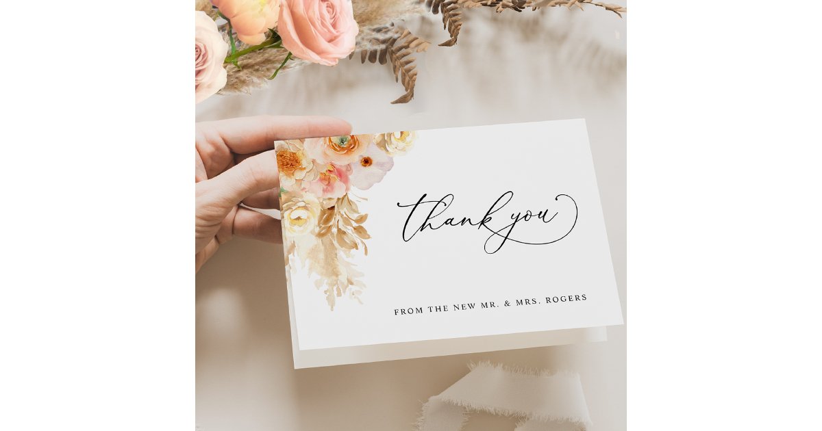 Elegant Peach Blush and Champagne Floral Wedding Thank You Card | Zazzle
