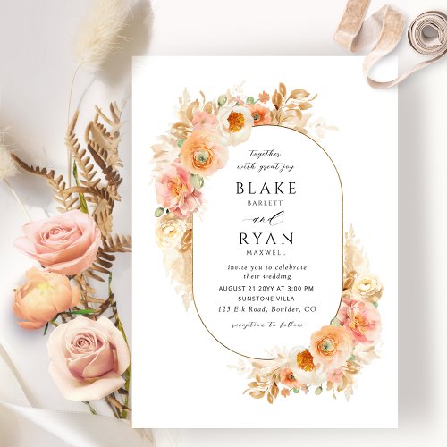 Elegant  Peach Blush and Cream Oval Wedding Invitation