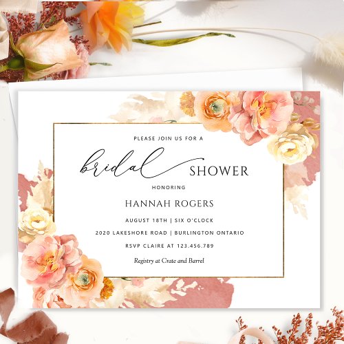 Elegant Peach Blush and Rust Orange Bridal Shower Invitation