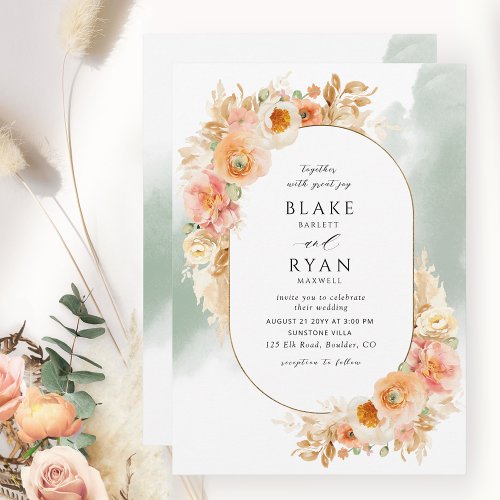 Elegant Peach Blush Cream and Sage Oval Wedding Invitation