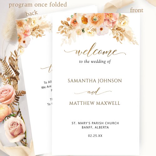 Elegant  Peach Blush Floral Folded Wedding Program