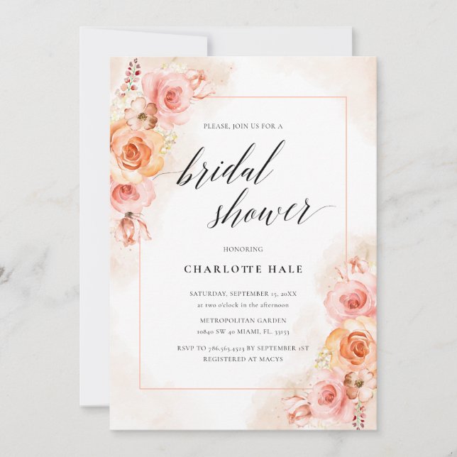 Elegant Peach Blush Floral Photo Bridal Shower Invitation (Front)