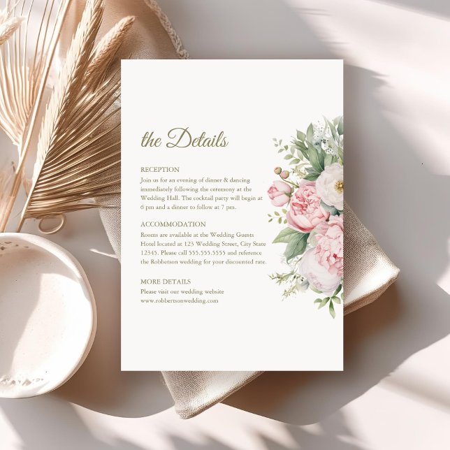 Elegant Peach & Blush Floral Wedding Details Card (Pale Peach and Blush Floral Wedding Details Card on a boho wedding table.)