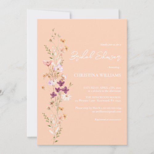 Elegant Peach Boho Wildflowers Bridal Shower Invitation