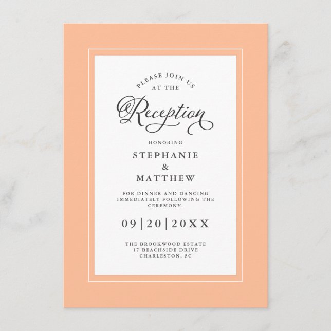 Elegant Peach Border Wedding Reception Calligraphy Enclosure Card (Front)