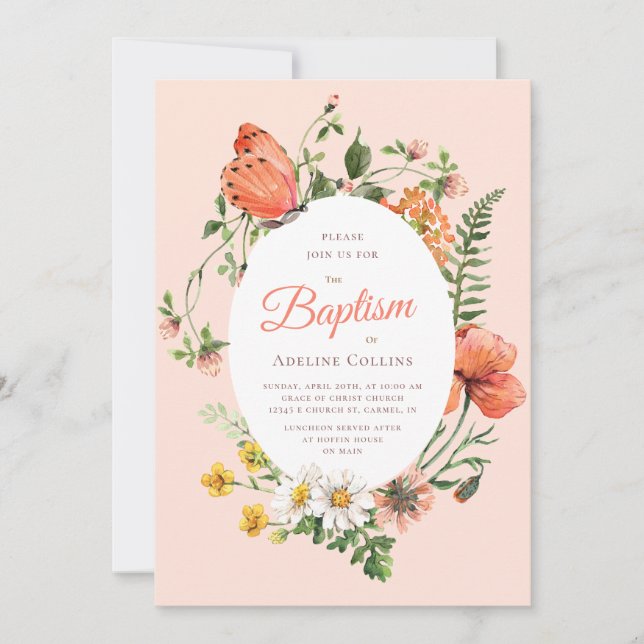 Elegant Peach Botanical Baptism Invitation (Front)