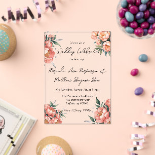 Elegant Peach Bouquet with Diamonds Wedding Acrylic Invitations