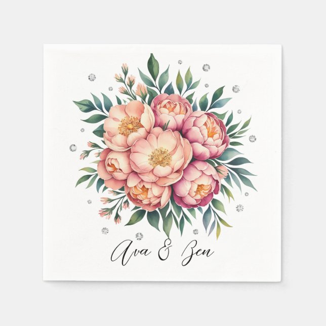 Elegant Peach Bouquet with Diamonds Wedding Napkins (Front)
