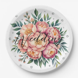 Elegant Peach Bouquet with Diamonds Wedding Paper Plates