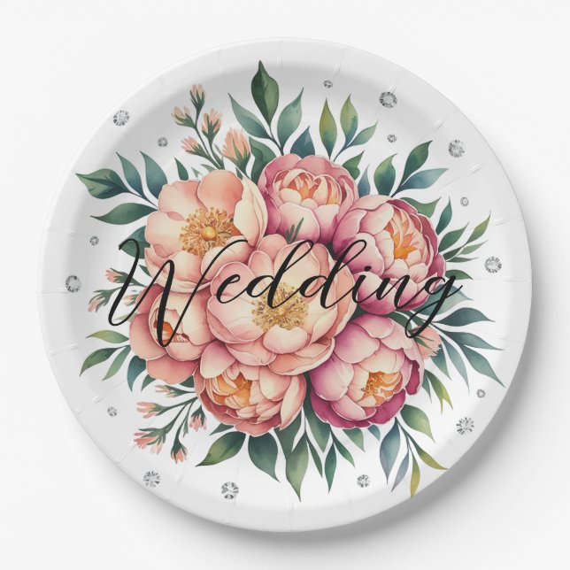 Elegant Peach Bouquet with Diamonds Wedding Paper Plates (Front)