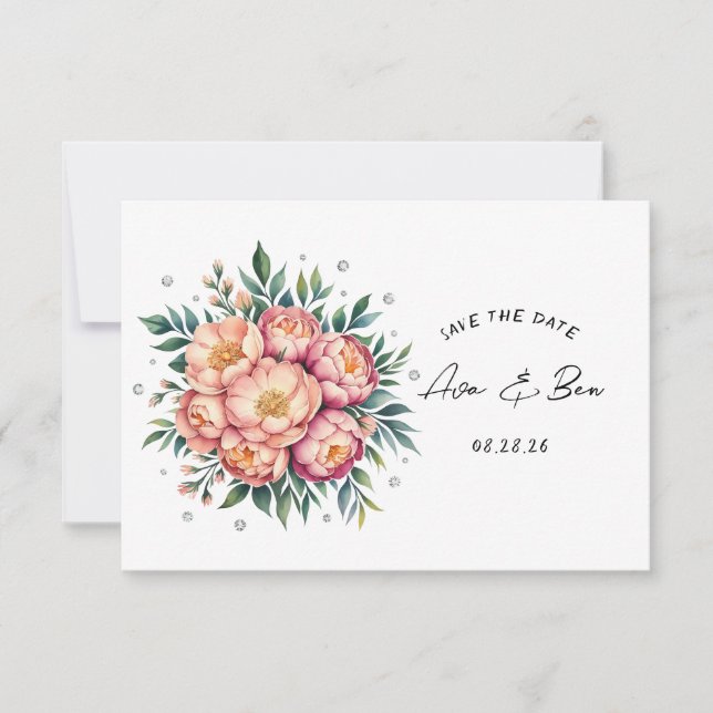 Elegant Peach Bouquet with Diamonds Wedding Save The Date (Front)