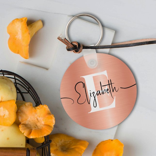 Elegant Peach Brushed Metal Girly Monogrammed Name Keychain (Creator Uploaded)