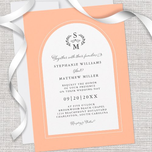 Elegant Peach Calligraphy Crest Arch Wedding Invitation