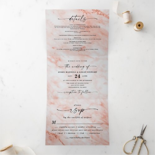 Elegant Peach Copper Marble with Foil Wedding Tri_Fold Invitation