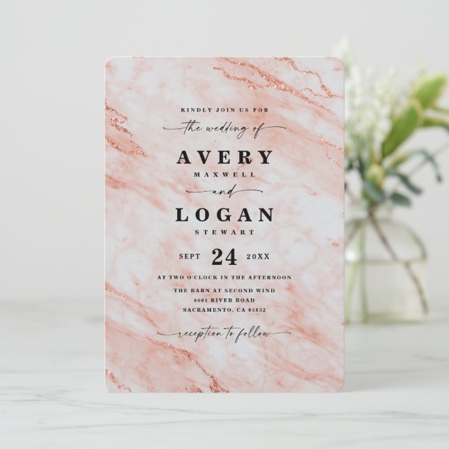 Elegant Peach Copper Metallic Marble Wedding Invitation (Standing Front)
