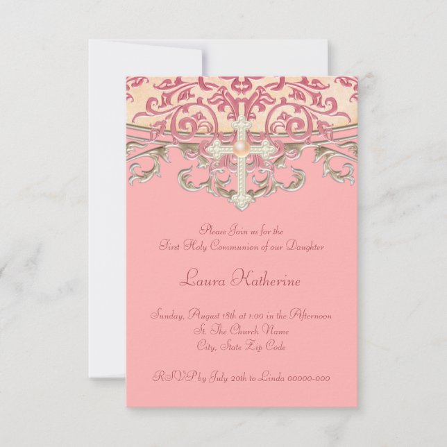 Elegant Peach Coral First Communion Invitation (Front)