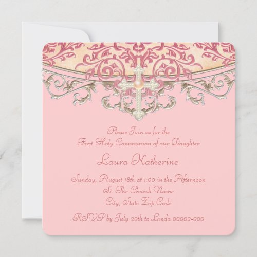 Elegant Peach Coral First Communion Invitations