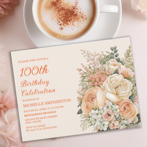 Elegant Peach Cream Colored Floral 100th Birthday Invitation Postcard