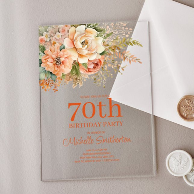 Elegant Peach Cream Floral 70th Birthday Acrylic Invitations (Peach and cream-colored watercolor floral clear acrylic card.)