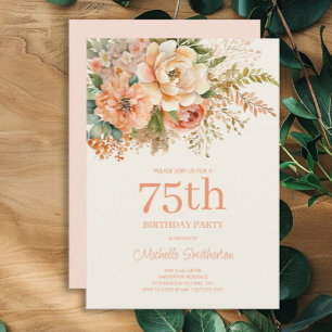 Elegant Peach Cream Floral 75th Birthday Invitation