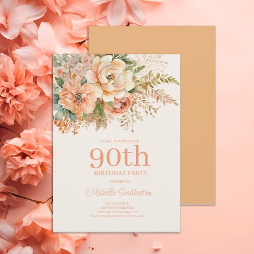 Elegant Peach Cream Floral 90th Birthday Invitation