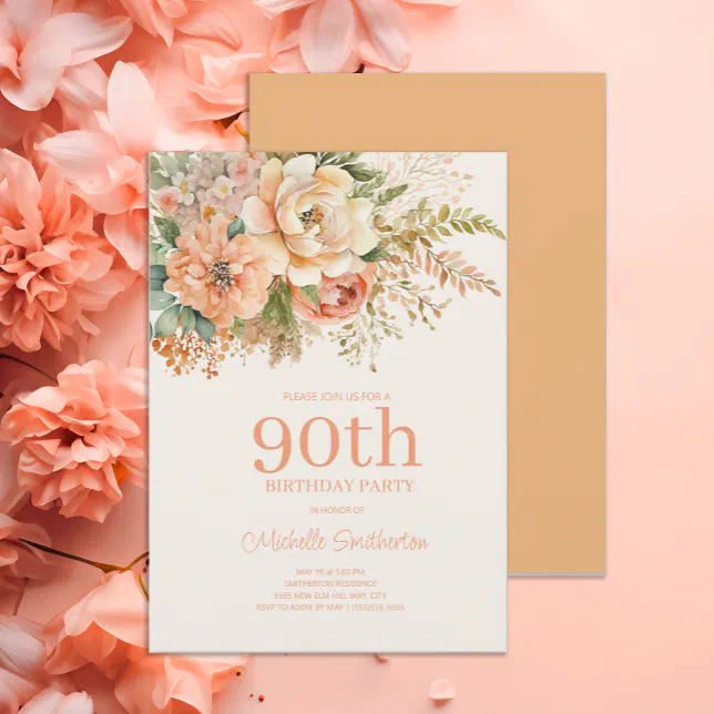 Elegant Peach Cream Floral 90th Birthday Invitation Zazzle 5638