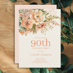 Elegant Peach Cream Floral 90th Birthday Invitation<br><div class="desc">Elegant peach and cream watercolor floral and foliage 90th birthday party invitation for women. Contact me for assistance with your customizations or to request additional matching or coordinating Zazzle products for your event(s)</div>
