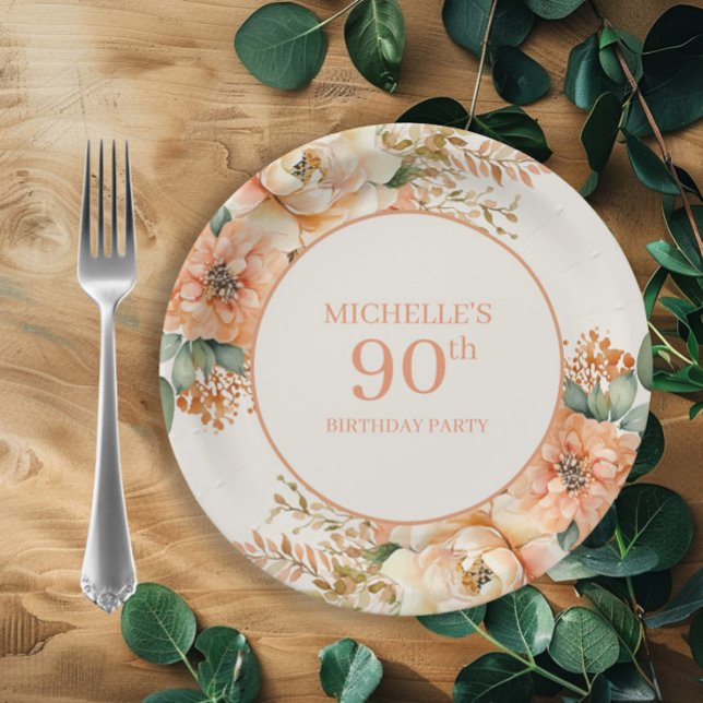 Elegant Peach Cream Floral 90th Birthday Paper Plates (Peach and cream watercolor floral birthday party paper plates)