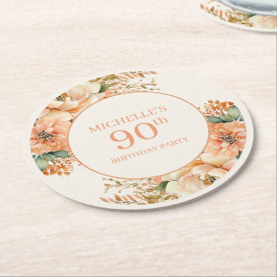 Elegant Peach Cream Floral 90th Birthday Round Paper Coaster