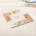 Elegant Peach Cream Floral 90th Birthday Square Paper Coaster<br><div class="desc">Elegant peach and cream watercolor floral and foliage 90th birthday party square coaster for women. Contact me for assistance with your customizations or to request additional matching or coordinating Zazzle products for your event(s)</div>