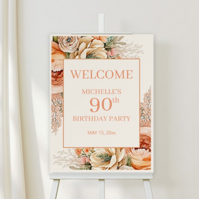 Elegant Peach Cream Floral 90th Birthday Welcome Foam Board (Elegant peach and cream-colored watercolor floral 90th birthday party welcome sign.)