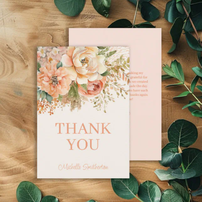 Elegant Peach Cream Floral Birthday Thank You Card
