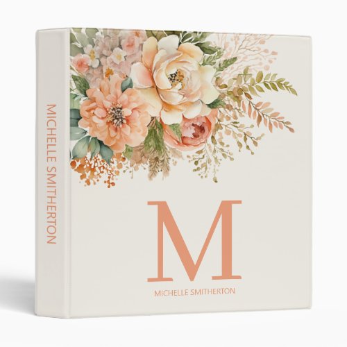 Elegant Peach Cream Floral Custom Monogram 3 Ring Binder