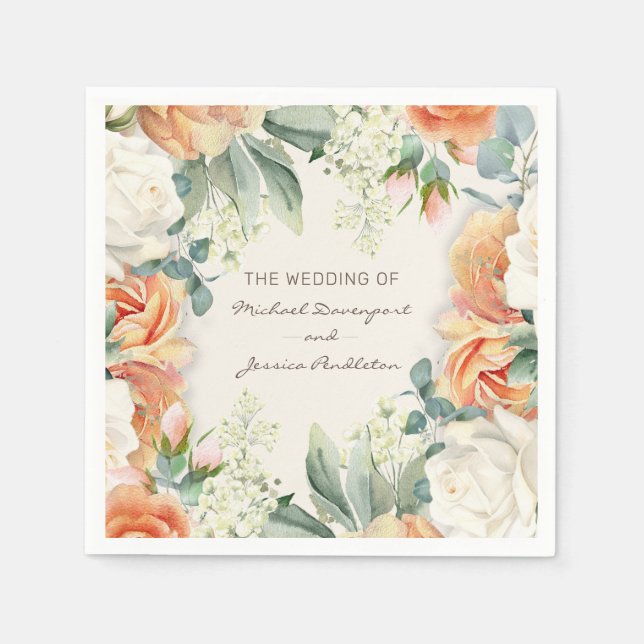 Elegant Peach Cream Floral Eucalyptus Wedding Napkins (Front)