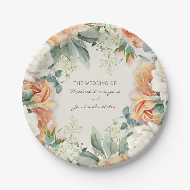 Elegant Peach Cream Floral Eucalyptus Wedding Paper Plates (Front)