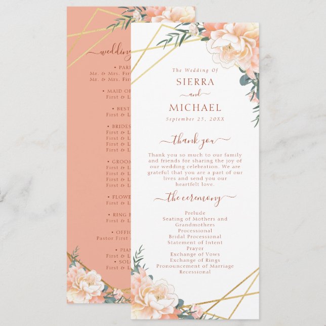 Elegant Peach Cream Floral Gold Terracotta Wedding Program (Front/Back)