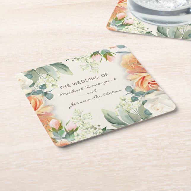 Elegant Peach Cream Floral Wedding Bride Groom Square Paper Coaster (Angled)