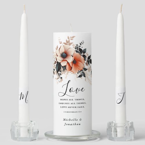 Elegant Peach Dark Grey Floral Love Bible Verse Unity Candle Set