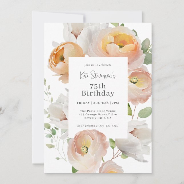 Elegant Peach Floral 75th Birthday Party Invitation (Front)