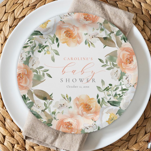 Elegant Peach Floral Baby Bloom Girl Baby Shower Paper Plates (Creator Uploaded)