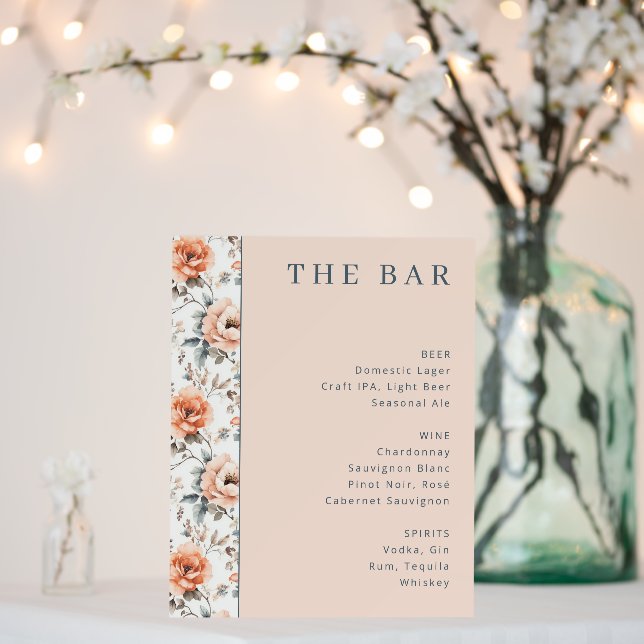 Elegant Peach Floral Beverage Menu Foam Board (In Situ (Wedding))