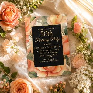 Elegant Peach Floral Black Gold  Invitation