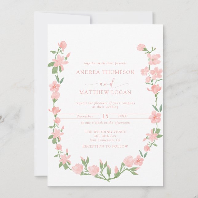 Elegant Peach Floral Botanical QR Wedding Invitation (Front)