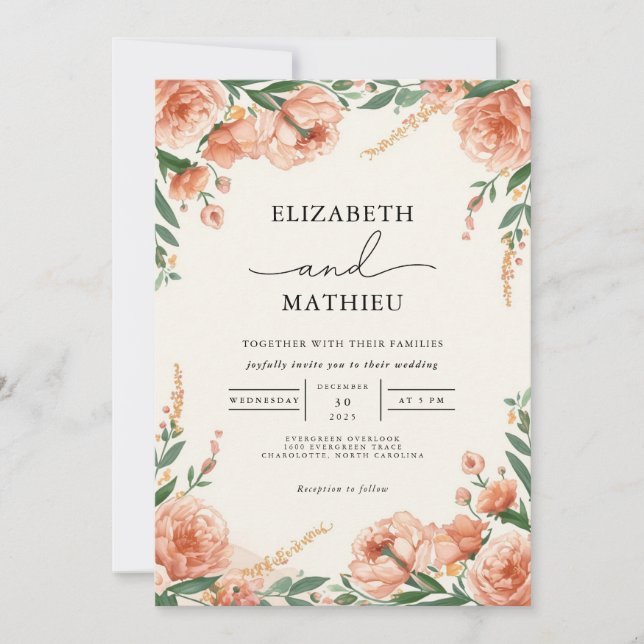 Elegant Peach Floral Botanical Wedding Invitation (Front)