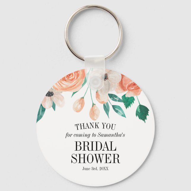 Elegant Peach Floral Bridal Shower Custom Favor Keychain (Front)
